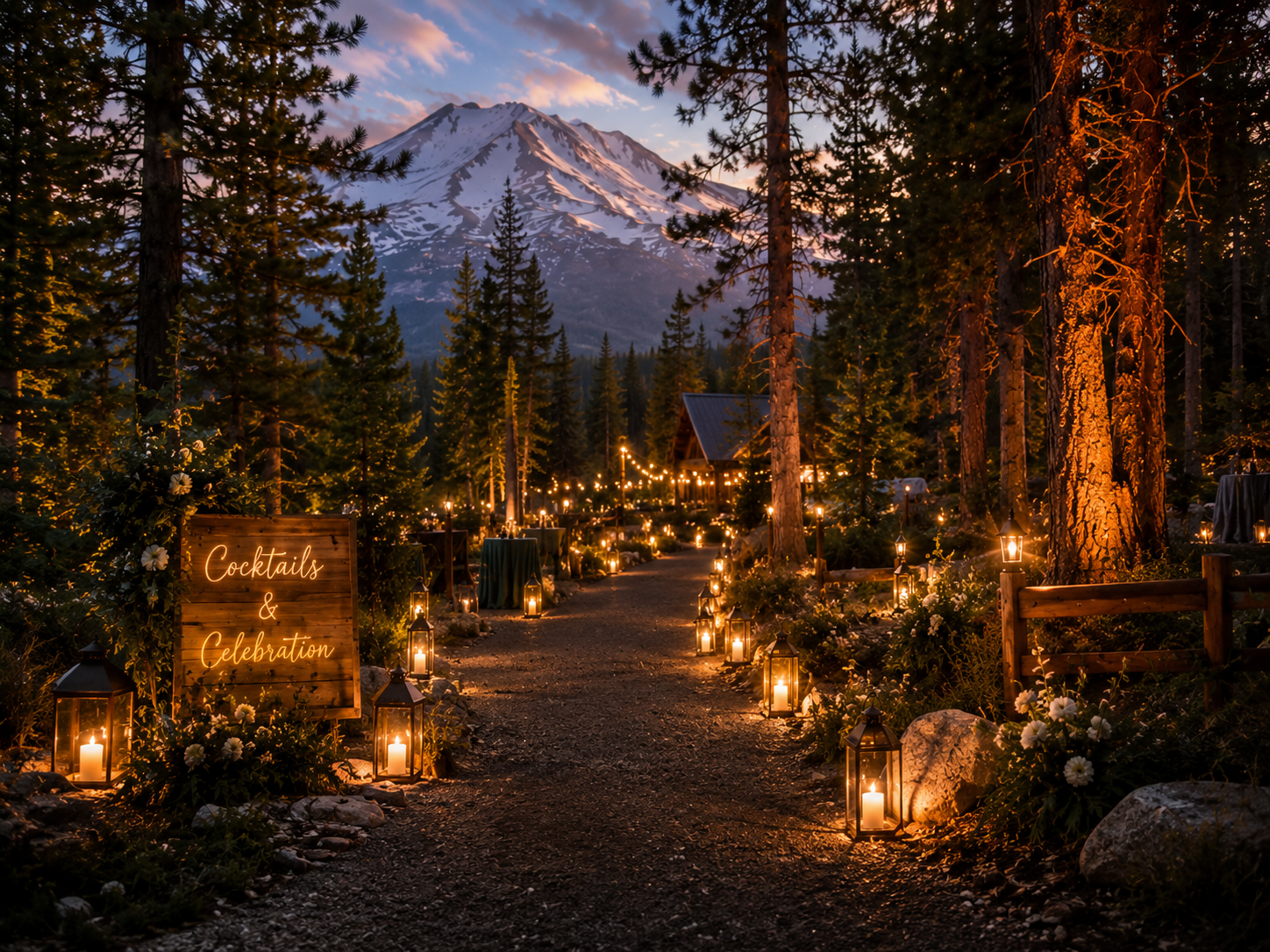 Forest Cocktail Trail lit for evening cocktails